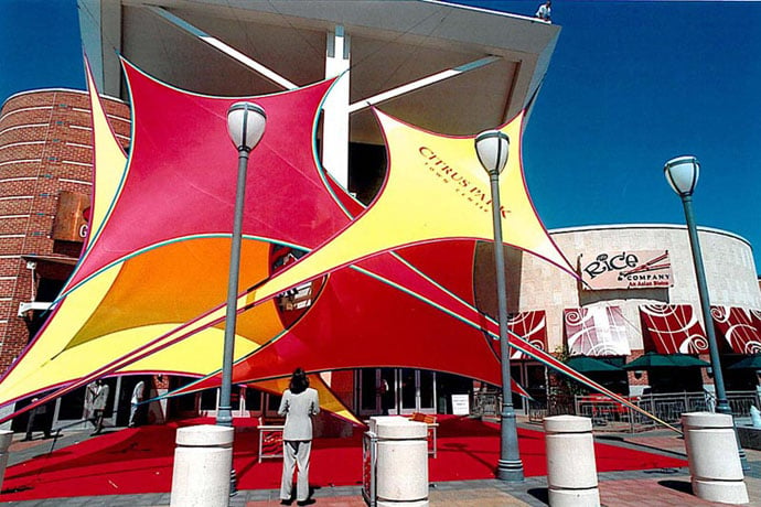 Fabric structure, custom, wings. The wings were dropped to reveal the new building entrance.