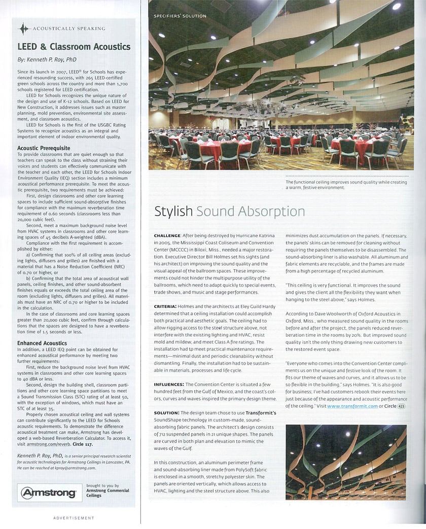 Architectural Products article about acoustic ceiling installation at Mississippi Coast Coliseum and Convention Center (MCCC)