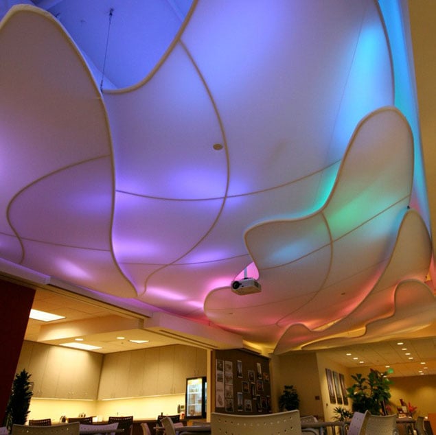 Transformit was asked to create a cloud-shaped ceiling that acts as a light diffuser for ever changing LED lights.