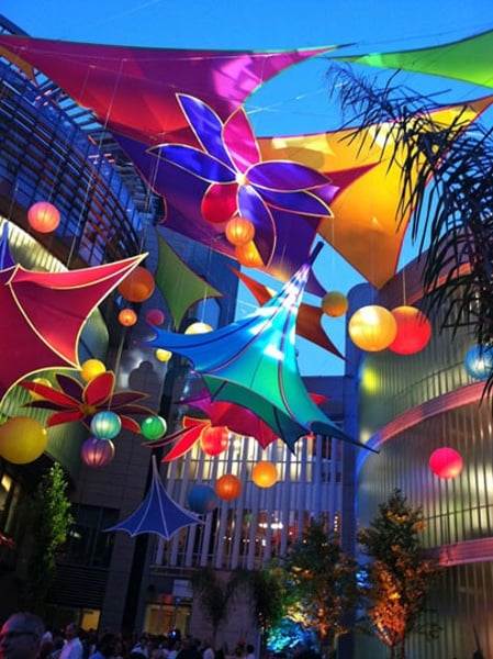 Precon Events designed and produced an installation of aerial fabric sculptures and colorful branded theme decor for a Maryland-based pharmaceutical company. This installation won an IFAI award for Fabric Art.