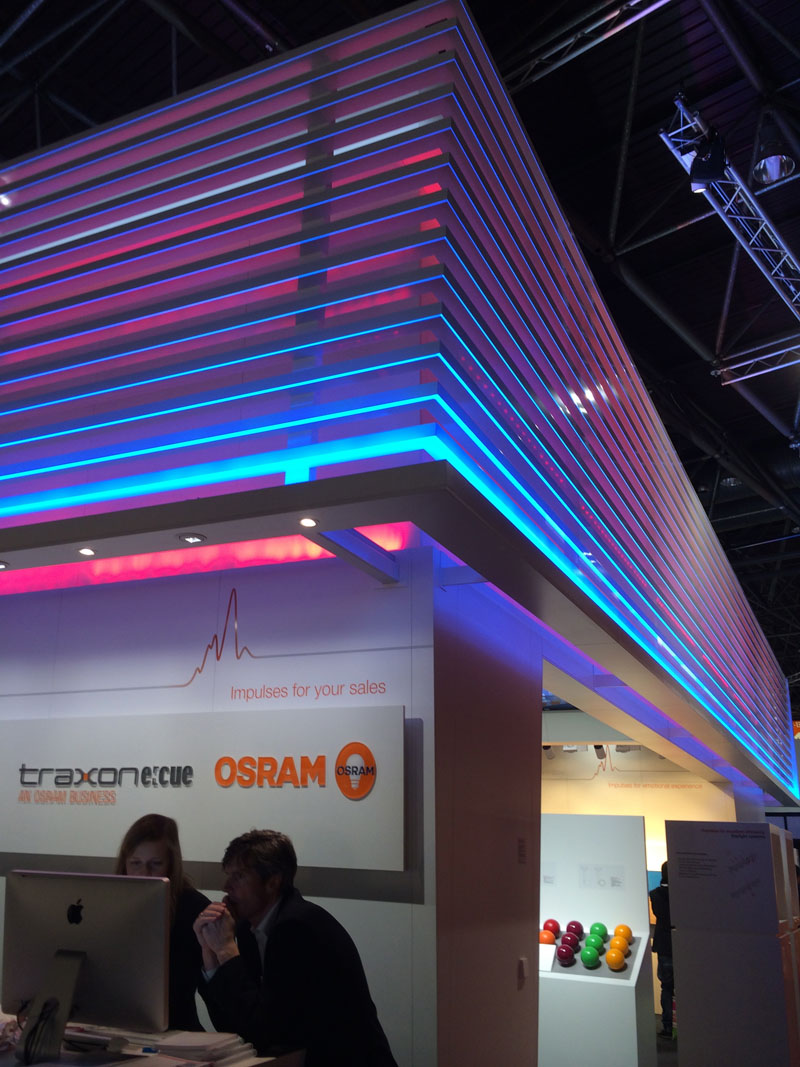 Here is an eye-catching lighting effect - the lines of blue light diminish in size from bottom to top. The effect was made by projecting a single beam of light upward so as to catch just the edge of the wall slats. http://www.osram.com